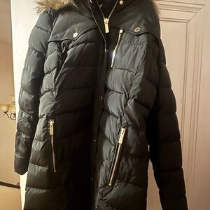 Michael Kors Dark Green Puffer Coat with Fur Trim removable hood